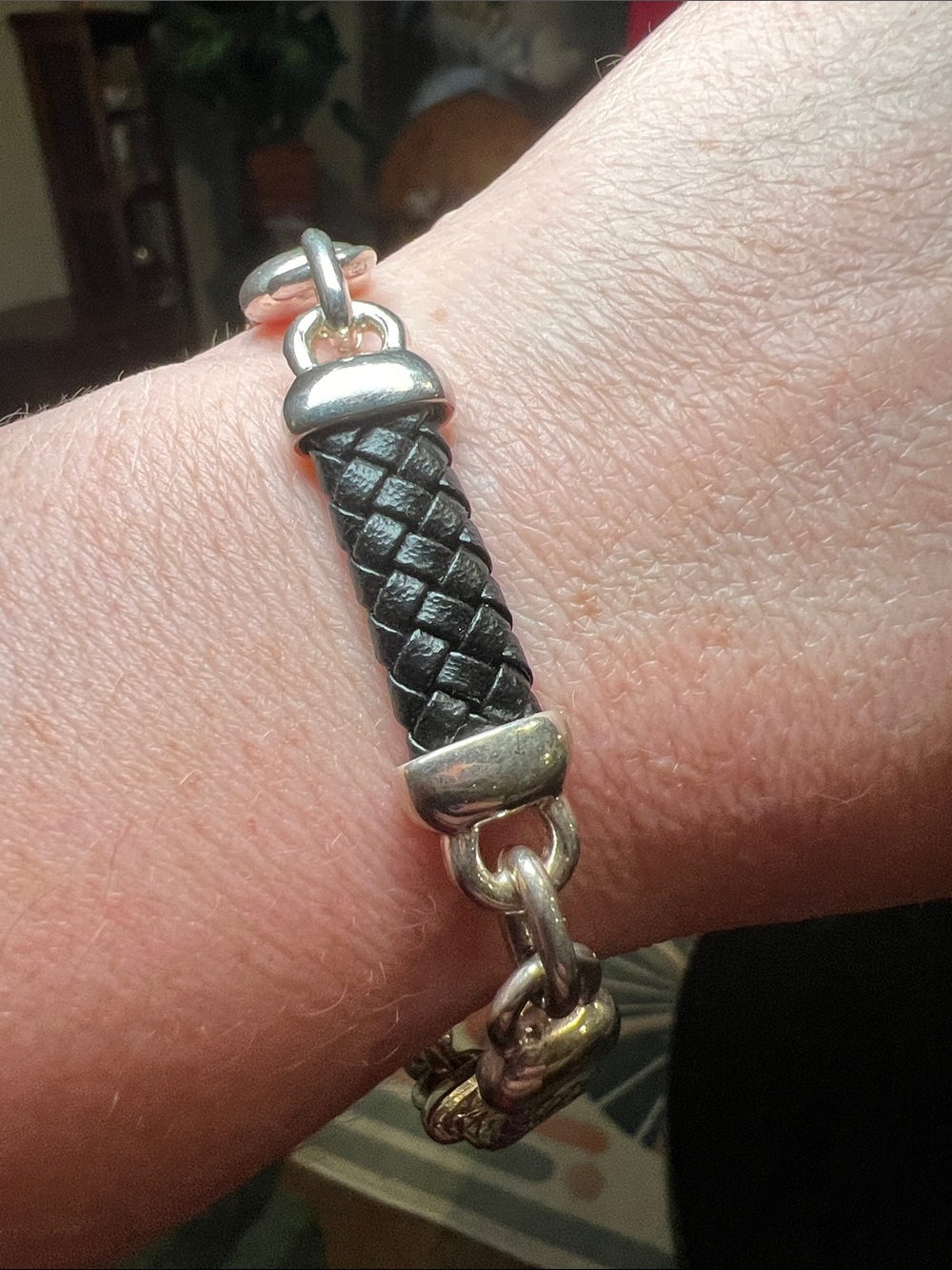 Vintage Braided Leather and Silver Plated Panel Bracelet with Toggle Clasp